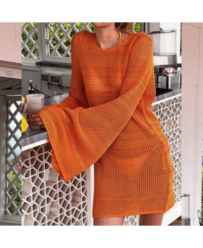 2022 Crochet Tunic Bikini Cover-ups Sexy Hollow Out Mini Dress Women Summer Clothes Beach Wear Trumpet Sleeve Cover Up $38.43...