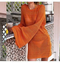 2022 Crochet Tunic Bikini Cover-ups Sexy Hollow Out Mini Dress Women Summer Clothes Beach Wear Trumpet Sleeve Cover Up $38.43...