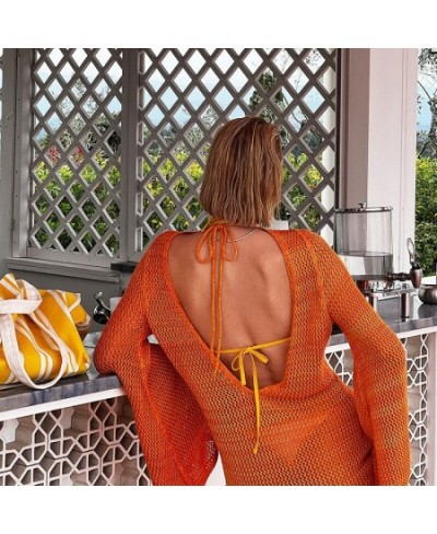 2022 Crochet Tunic Bikini Cover-ups Sexy Hollow Out Mini Dress Women Summer Clothes Beach Wear Trumpet Sleeve Cover Up $38.43...