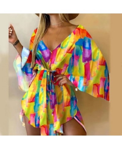 2023 Summer Beach Elegant Women Dresses Sexy V Neck Lace-up Floral Print Mini Dress Casual Flared Sleeves Ladies Party Dress ...