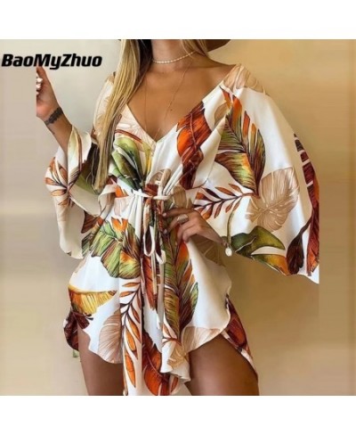 2023 Summer Beach Elegant Women Dresses Sexy V Neck Lace-up Floral Print Mini Dress Casual Flared Sleeves Ladies Party Dress ...