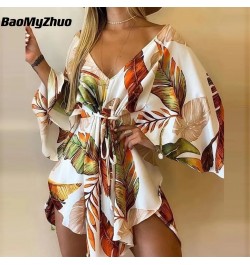 2023 Summer Beach Elegant Women Dresses Sexy V Neck Lace-up Floral Print Mini Dress Casual Flared Sleeves Ladies Party Dress ...