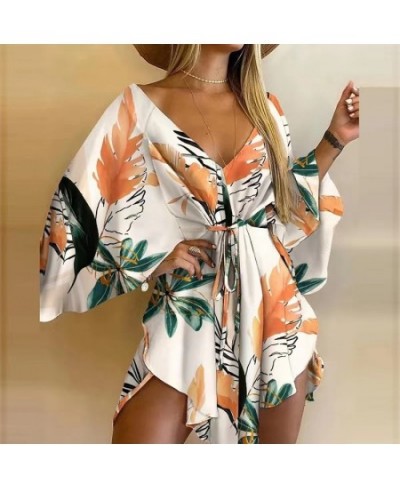 2023 Summer Beach Elegant Women Dresses Sexy V Neck Lace-up Floral Print Mini Dress Casual Flared Sleeves Ladies Party Dress ...