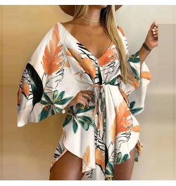 2023 Summer Beach Elegant Women Dresses Sexy V Neck Lace-up Floral Print Mini Dress Casual Flared Sleeves Ladies Party Dress ...