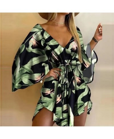 2023 Summer Beach Elegant Women Dresses Sexy V Neck Lace-up Floral Print Mini Dress Casual Flared Sleeves Ladies Party Dress ...