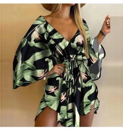 2023 Summer Beach Elegant Women Dresses Sexy V Neck Lace-up Floral Print Mini Dress Casual Flared Sleeves Ladies Party Dress ...