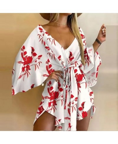 2023 Summer Beach Elegant Women Dresses Sexy V Neck Lace-up Floral Print Mini Dress Casual Flared Sleeves Ladies Party Dress ...