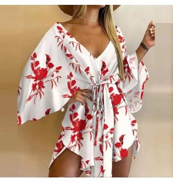 2023 Summer Beach Elegant Women Dresses Sexy V Neck Lace-up Floral Print Mini Dress Casual Flared Sleeves Ladies Party Dress ...