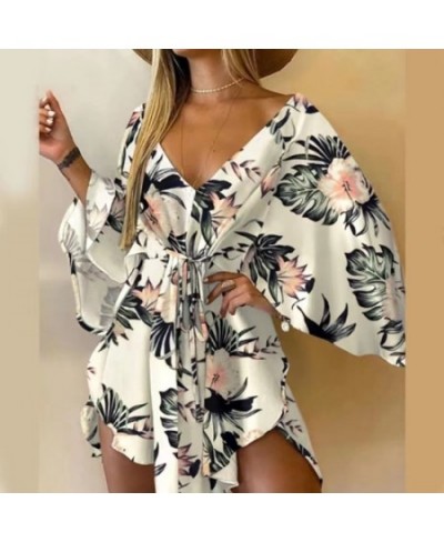 2023 Summer Beach Elegant Women Dresses Sexy V Neck Lace-up Floral Print Mini Dress Casual Flared Sleeves Ladies Party Dress ...