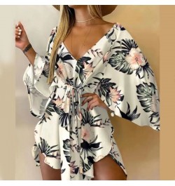 2023 Summer Beach Elegant Women Dresses Sexy V Neck Lace-up Floral Print Mini Dress Casual Flared Sleeves Ladies Party Dress ...