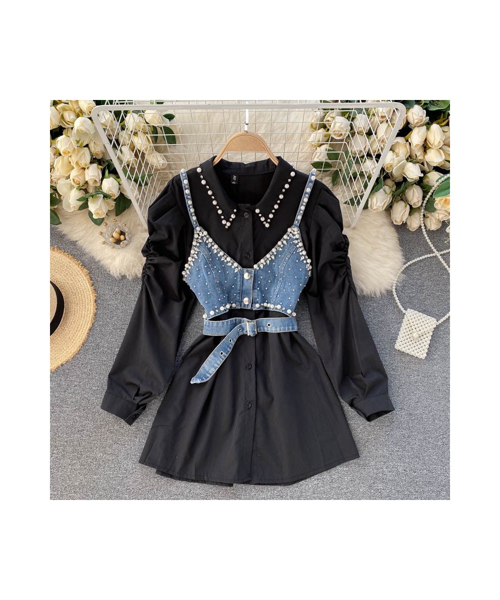 Chic Design Fashion Lapel Beaded Long Sleeve White Shirt Dress+ Diamond-studded Beaded Denim Camis Vest 2 piece Sets Women $6...