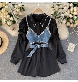 Chic Design Fashion Lapel Beaded Long Sleeve White Shirt Dress+ Diamond-studded Beaded Denim Camis Vest 2 piece Sets Women $6...