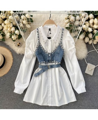 Chic Design Fashion Lapel Beaded Long Sleeve White Shirt Dress+ Diamond-studded Beaded Denim Camis Vest 2 piece Sets Women $6...