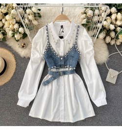 Chic Design Fashion Lapel Beaded Long Sleeve White Shirt Dress+ Diamond-studded Beaded Denim Camis Vest 2 piece Sets Women $6...