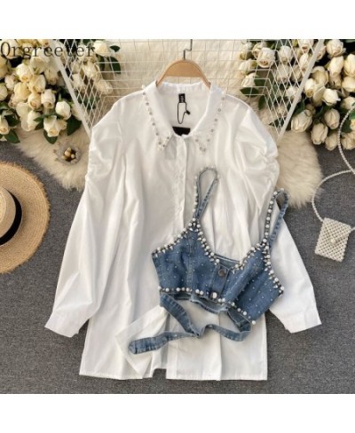 Chic Design Fashion Lapel Beaded Long Sleeve White Shirt Dress+ Diamond-studded Beaded Denim Camis Vest 2 piece Sets Women $6...