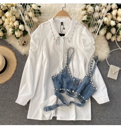 Chic Design Fashion Lapel Beaded Long Sleeve White Shirt Dress+ Diamond-studded Beaded Denim Camis Vest 2 piece Sets Women $6...