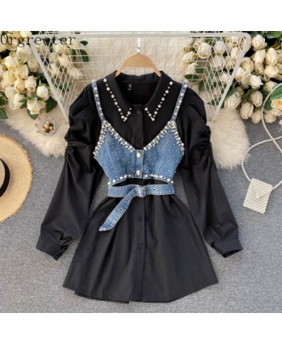 Chic Design Fashion Lapel Beaded Long Sleeve White Shirt Dress+ Diamond-studded Beaded Denim Camis Vest 2 piece Sets Women $6...