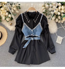 Chic Design Fashion Lapel Beaded Long Sleeve White Shirt Dress+ Diamond-studded Beaded Denim Camis Vest 2 piece Sets Women $6...