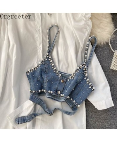 Chic Design Fashion Lapel Beaded Long Sleeve White Shirt Dress+ Diamond-studded Beaded Denim Camis Vest 2 piece Sets Women $6...