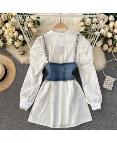 Chic Design Fashion Lapel Beaded Long Sleeve White Shirt Dress+ Diamond-studded Beaded Denim Camis Vest 2 piece Sets Women $6...