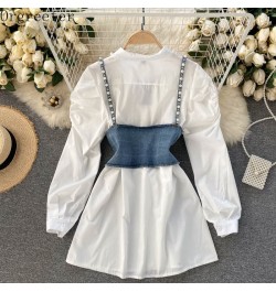 Chic Design Fashion Lapel Beaded Long Sleeve White Shirt Dress+ Diamond-studded Beaded Denim Camis Vest 2 piece Sets Women $6...