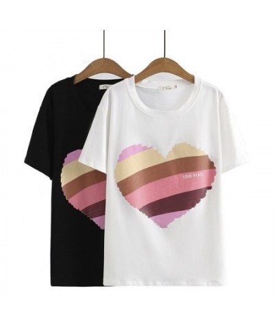 Plus Size Basic T-Shirt Women 2023 Summer Cotton Colorful Love Heart Offset Printed O-Neck Tees Short Sleeve Tops Curve Cloth...