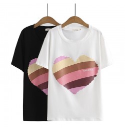 Plus Size Basic T-Shirt Women 2023 Summer Cotton Colorful Love Heart Offset Printed O-Neck Tees Short Sleeve Tops Curve Cloth...