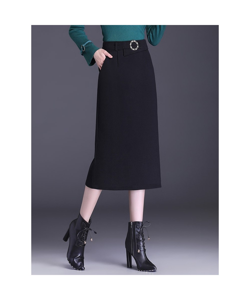 Fall Winter Black Brown Women's 2022 Tweed High Waist Ladies Pencil Skirt S-3XL Mid-Length Slit Occupation Pockets Skirt Fema...