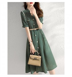 Summer Fashion Korean Elegant Simple Print Belt Short Sleeve Tunic Button Shirt Dresses for Women Casual Slim Midi Dress $47....