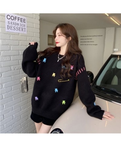 Black White Winter Knitted Crewneck Pullover Sweater Women Long Sleeve Korean Fashion Style Oversized Cute Bear Sweater Women...