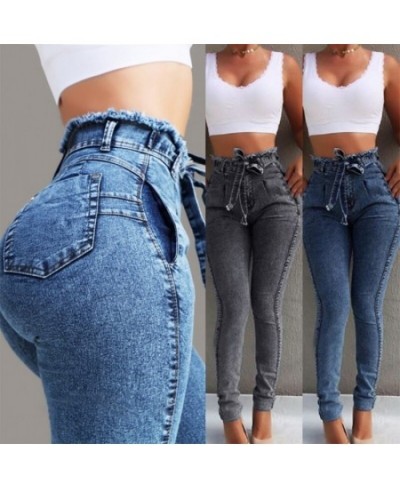 Women Jeans Fashion Mid Waist Slim Fit Elastic Tassel Belt Womens Clothing Slouchy Breathable Solid Color Pants $39.85 - Jeans