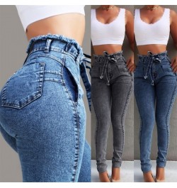 Women Jeans Fashion Mid Waist Slim Fit Elastic Tassel Belt Womens Clothing Slouchy Breathable Solid Color Pants $39.85 - Jeans