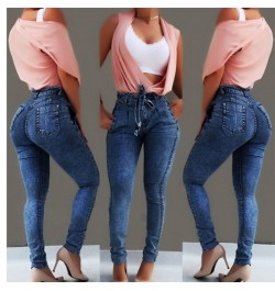 Women Jeans Fashion Mid Waist Slim Fit Elastic Tassel Belt Womens Clothing Slouchy Breathable Solid Color Pants $39.85 - Jeans