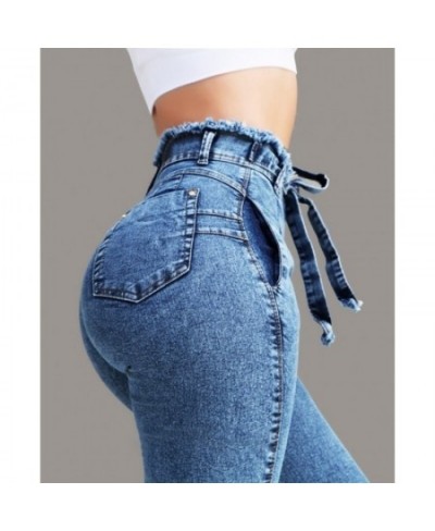 Women Jeans Fashion Mid Waist Slim Fit Elastic Tassel Belt Womens Clothing Slouchy Breathable Solid Color Pants $39.85 - Jeans