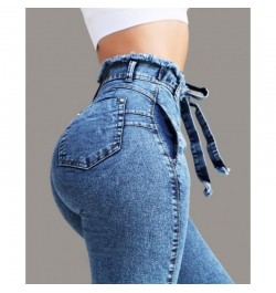 Women Jeans Fashion Mid Waist Slim Fit Elastic Tassel Belt Womens Clothing Slouchy Breathable Solid Color Pants $39.85 - Jeans