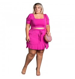 Women Plus Size Set Solid Square Collar Short Sleeve Crop Tops Bandage Waist Short Skirts 2 Piece Set Sexy Outfit Summer $43....