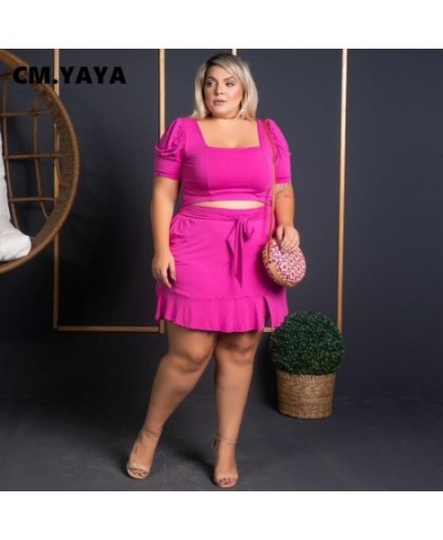 Women Plus Size Set Solid Square Collar Short Sleeve Crop Tops Bandage Waist Short Skirts 2 Piece Set Sexy Outfit Summer $43....