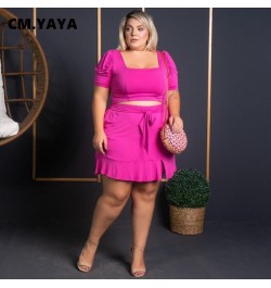 Women Plus Size Set Solid Square Collar Short Sleeve Crop Tops Bandage Waist Short Skirts 2 Piece Set Sexy Outfit Summer $43....