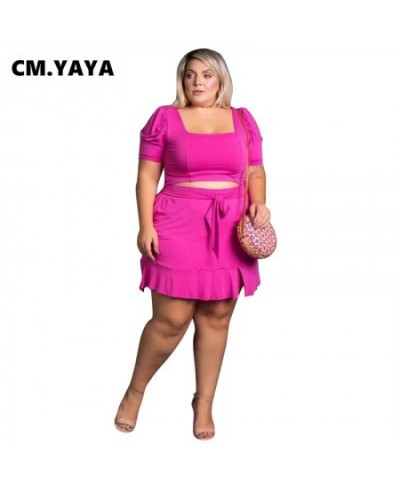 Women Plus Size Set Solid Square Collar Short Sleeve Crop Tops Bandage Waist Short Skirts 2 Piece Set Sexy Outfit Summer $43....