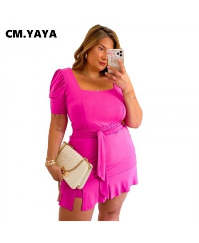 Women Plus Size Set Solid Square Collar Short Sleeve Crop Tops Bandage Waist Short Skirts 2 Piece Set Sexy Outfit Summer $43....