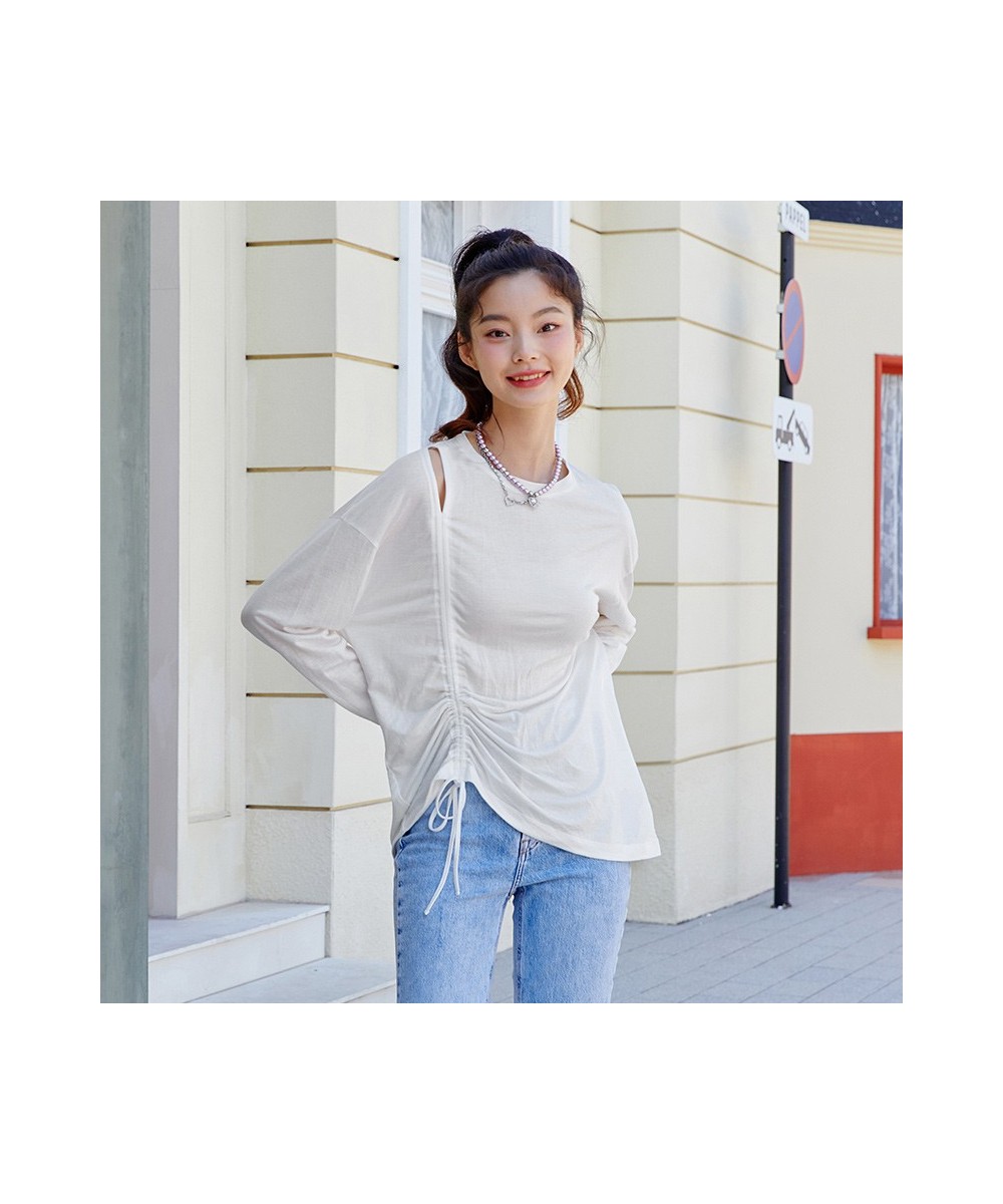 Long Sleeve T-Shirt Women Hollow Drawstring 2023 Autumn New Oversize Solid T Shirt Top Versatile $32.01 - Tops & Tees