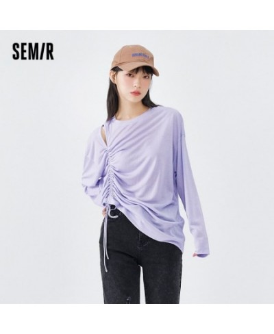 Long Sleeve T-Shirt Women Hollow Drawstring 2023 Autumn New Oversize Solid T Shirt Top Versatile $32.01 - Tops & Tees