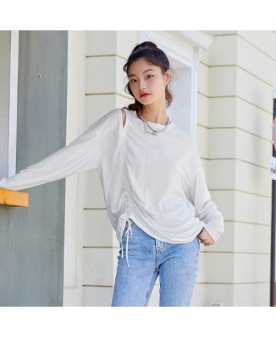 Long Sleeve T-Shirt Women Hollow Drawstring 2023 Autumn New Oversize Solid T Shirt Top Versatile $32.01 - Tops & Tees