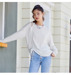 Long Sleeve T-Shirt Women Hollow Drawstring 2023 Autumn New Oversize Solid T Shirt Top Versatile $32.01 - Tops & Tees