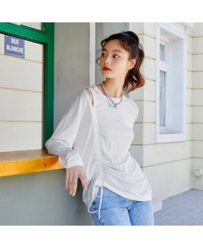 Long Sleeve T-Shirt Women Hollow Drawstring 2023 Autumn New Oversize Solid T Shirt Top Versatile $32.01 - Tops & Tees