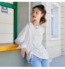 Long Sleeve T-Shirt Women Hollow Drawstring 2023 Autumn New Oversize Solid T Shirt Top Versatile $32.01 - Tops & Tees