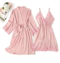 Nightdress Women Robe Bride Bridesmaid Bathrobes Satin Pajamas Set Strap Dress 2 Piece Loose Kimono Sexy Sleepwear Homewea $5...