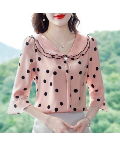 Polka dot Chiffon blouse shirt Spring Summer Doll collar 3/4 Flare sleeve Casual Tops Fashion Women clothing $31.41 - Women Tops