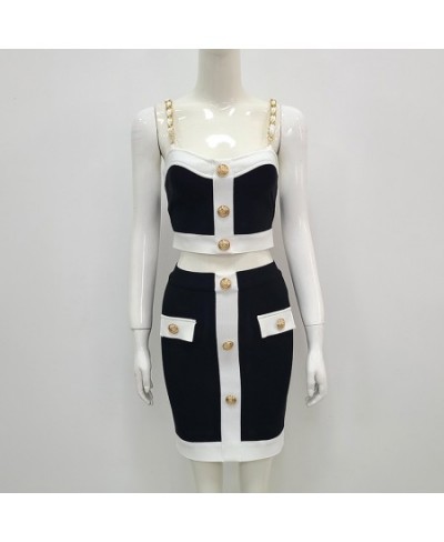 2022 New Summer Sexy Tight-Fitting 2-Piece Patchwork Black White Sleeveless Gold Button Mini Bag Hip Skirt Women'S Set $84.06...