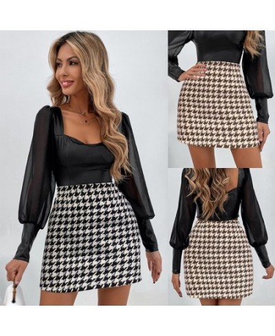 Fashion High Waist Houndstooth A-line Skirt Women Casual Vintage Plaid Mini Dress Lady Korean Temperament Slim Female Hip $31...